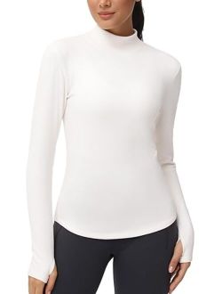 Fleece Mock Turtleneck Pullover Base Layer Shirts Long Sleeve Workout Tops with Thumb Hole
