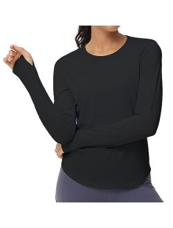 Women's Long Sleeve Workout Shirts Athletic Crewneck Hiking Tops with Thumb Hole