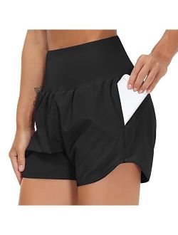 Womens High Waist Running Shorts with Liner Athletic Hiking Workout Shorts Zip Pockets