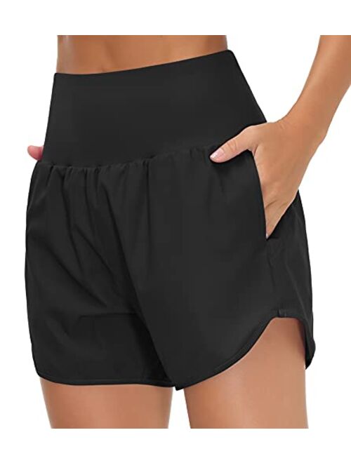 THE GYM PEOPLE Womens High Waist Running Shorts with Liner Athletic Hiking Workout Shorts Zip Pockets