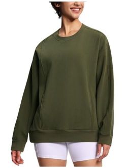 Women's Fleece Pullover Sweatshirt Loose Boxy Lounge Long Sleeve Workout Shirt with Pocket