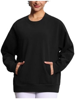 Women's Fleece Pullover Sweatshirt Loose Boxy Lounge Long Sleeve Workout Shirt with Pocket