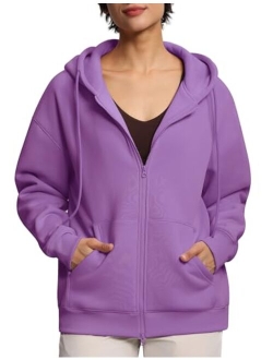 Womens Oversized Fleece Hoodies Full-Zip Workout Lounge Hooded Coats Fall Tops with Pockets Drawstring