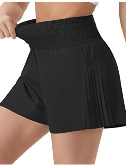 Women's High Waist Workout Shorts Side Pleated Athletic Running Shorts with Mesh Liner Zip Pocket