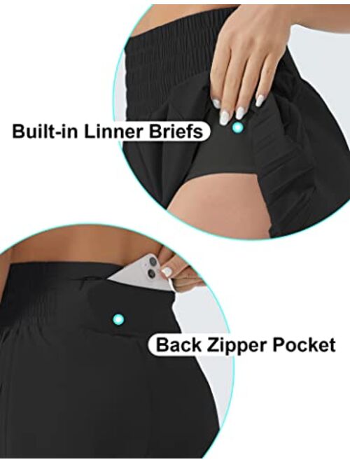 THE GYM PEOPLE Women's High Waist Workout Shorts Side Pleated Athletic Running Shorts with Mesh Liner Zip Pocket