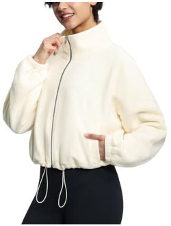 Women's Fleece Short Jacket Full Zip Stand Collar Warm Winter Sherpa Crop Coats with Drawstring Hem