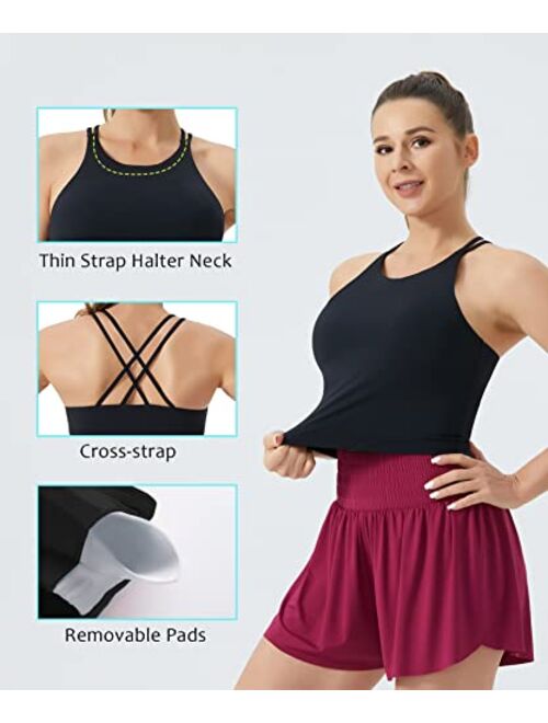 THE GYM PEOPLE Women's Cross Back Sports Bra Halter Neck Workout Crop Tank Tops with Removable Pads
