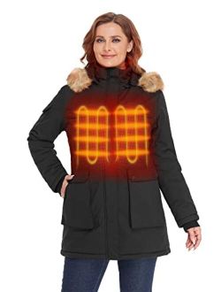 [Upgraded Battery] Women's Heated Parka Jacket with 4 Heat Zones and Detachable Hood (Battery Included)
