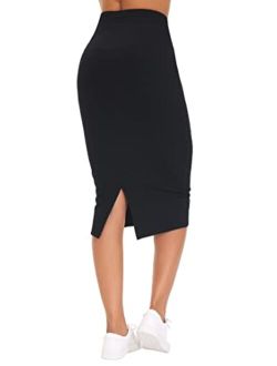 Women's High Waist Tummy Control Pencil Skirts Stretchy Bodycon Midi Skirt Below Knee with Back Slit