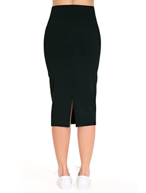THE GYM PEOPLE Women's High Waist Tummy Control Pencil Skirts Stretchy Bodycon Midi Skirt Below Knee with Back Slit