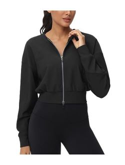 Women's Cropped Jackets Full Zip Long Sleeve Ribbed Workout Sweatshirts Lightweight Casual Tops