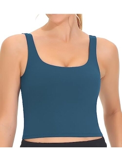Women's Square Neck Longline Sports Bra Workout Removable Padded Yoga Crop Tank Tops