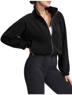 Women's Fleece Cropped Jacket Full Zip Stand Collar Workout Short Sherpa Coats with Pockets Drawstring Hem