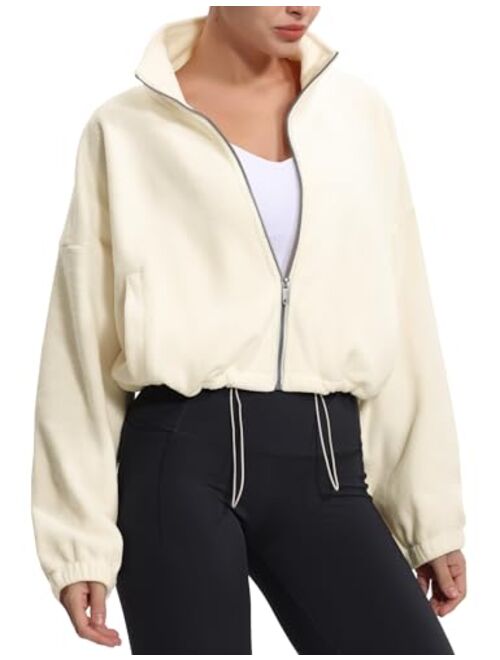 THE GYM PEOPLE Women's Fleece Cropped Jacket Full Zip Stand Collar Workout Short Sherpa Coats with Pockets Drawstring Hem