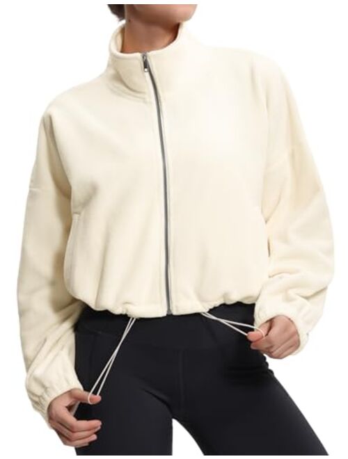 THE GYM PEOPLE Women's Fleece Cropped Jacket Full Zip Stand Collar Workout Short Sherpa Coats with Pockets Drawstring Hem