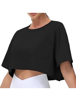 Women's Workout Crop Tops Short Sleeve Boxy Oversized T-Shirts with Pockets