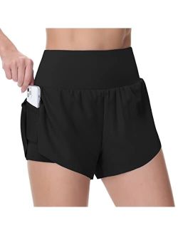 Womens Quick Dry Running Shorts Mesh Liner High Waisted Tennis Workout Shorts Zipper Pockets