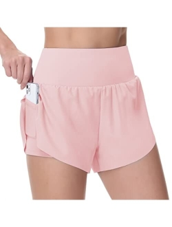 Womens Quick Dry Running Shorts Mesh Liner High Waisted Tennis Workout Shorts Zipper Pockets