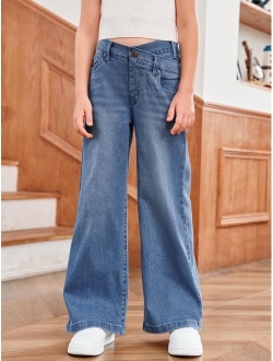 rrhss Girls Flare Jeans Crossover Waisted Wide Leg Jeans Denim Pants for Kids