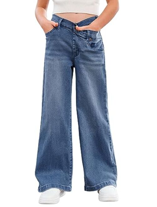rrhss Girls Flare Jeans Crossover Waisted Wide Leg Jeans Denim Pants for Kids