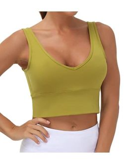 Womens Longline Sports Bra Padded Crop Tank Tops Workout Yoga Bra with Removable Pads