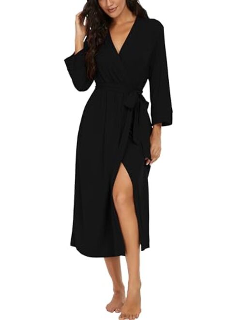 VINTATREWomenKimonoRobesLongKnitBathrobeLightweightSoftKnitSleepwearV-neckCasualLadiesLoungewear