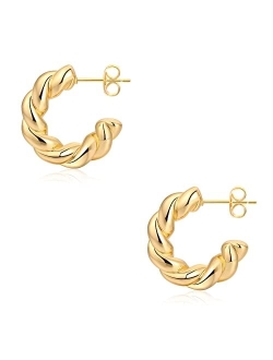 Zoeray Chunky Gold Hoop Earrings for Women,18K Gold Plated Small Thick Open Gold Hoops Trendy Pearl Twisted CZ Earrings for Teen Girls