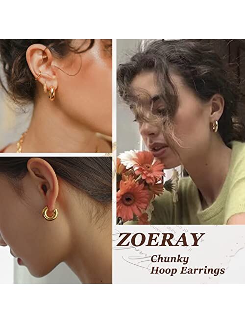 Zoeray Chunky Gold Hoop Earrings for Women,18K Gold Plated Small Thick Open Gold Hoops Trendy Pearl Twisted CZ Earrings for Teen Girls