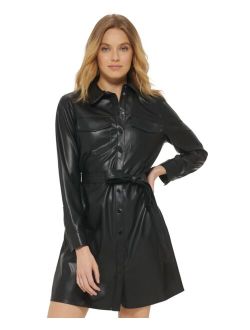 Women's Faux-Leather Snap-Closure Belted Dress