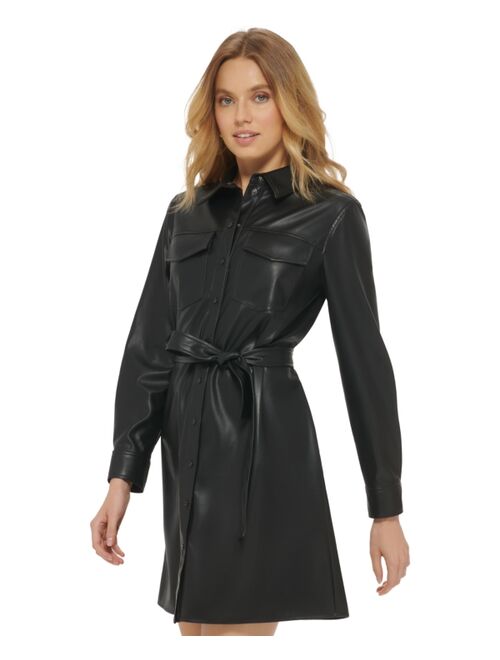 DKNY Women's Faux-Leather Snap-Closure Belted Dress