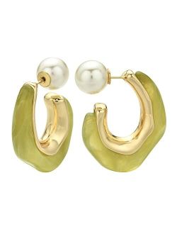 ROGOWOL Acrylic Resin C Shape Open Hoop Earrings with Pearl Ball Back Hypoallergenic Double Sided Faux Pearl Statement Hoop Earrings for Women Girls