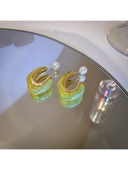 ROGOWOL Acrylic Resin C Shape Open Hoop Earrings with Pearl Ball Back Hypoallergenic Double Sided Faux Pearl Statement Hoop Earrings for Women Girls