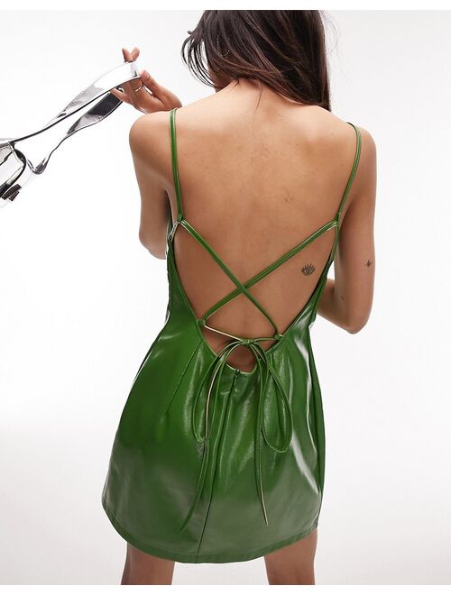 Topshop faux leather vinyl mini slip dress in green