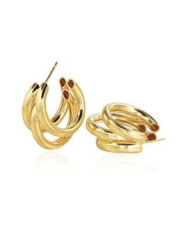 Tewiky Chunky Gold Hoop Earrings for Women, 14k Gold Plated Thick Triple Hoop Earrings Hypoallergenic Trendy Chunky Gold Hoops Earrings Dainty Jewelry Gifts for Women Gir