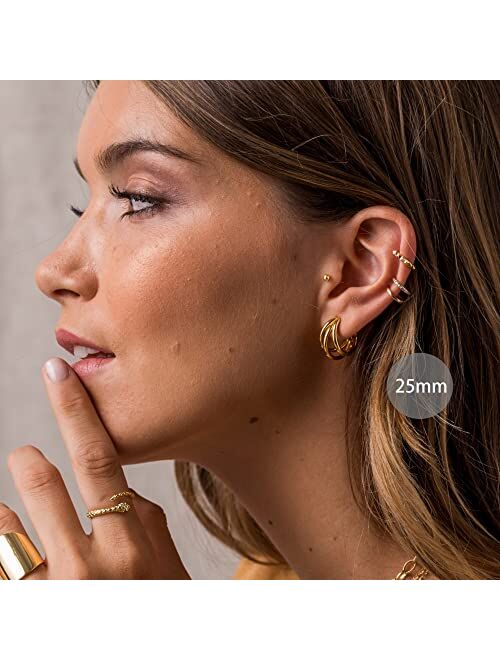 Tewiky Chunky Gold Hoop Earrings for Women, 14k Gold Plated Thick Triple Hoop Earrings Hypoallergenic Trendy Chunky Gold Hoops Earrings Dainty Jewelry Gifts for Women Gir