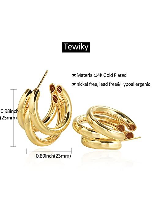 Tewiky Chunky Gold Hoop Earrings for Women, 14k Gold Plated Thick Triple Hoop Earrings Hypoallergenic Trendy Chunky Gold Hoops Earrings Dainty Jewelry Gifts for Women Gir