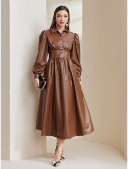 SHEIN Mulvari Lantern Sleeve PU Leather Shirt Dress