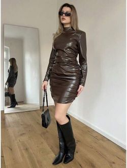 SHEIN Essnce Mock Neck Ruched Side PU Leather Bodycon Dress