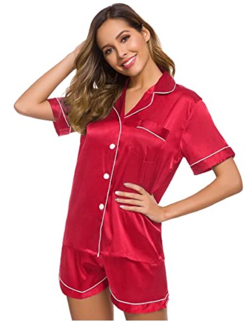 SWOMOG Womens Silk Satin Pajamas Set Two-piece Pj Sets Sleepwear Loungewear Button-Down Pj Sets