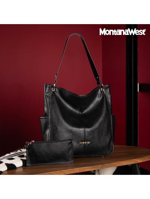 Montana West Stone Washed Leather Hobo Purses for Women Soft Top Handle Shoulder Bag with Wallet 2PCS Set