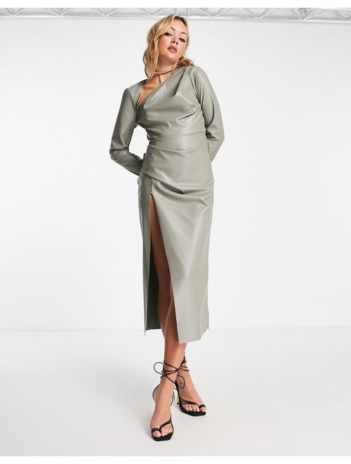 ASOS DESIGN drape detail PU midi dress with wrap skirt in khaki