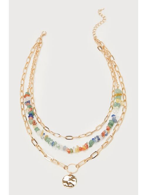 Lulus Radiant Achievement Gold Multi Stone Layered Chain Necklace