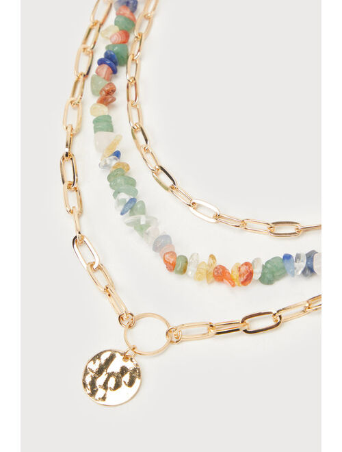 Lulus Radiant Achievement Gold Multi Stone Layered Chain Necklace
