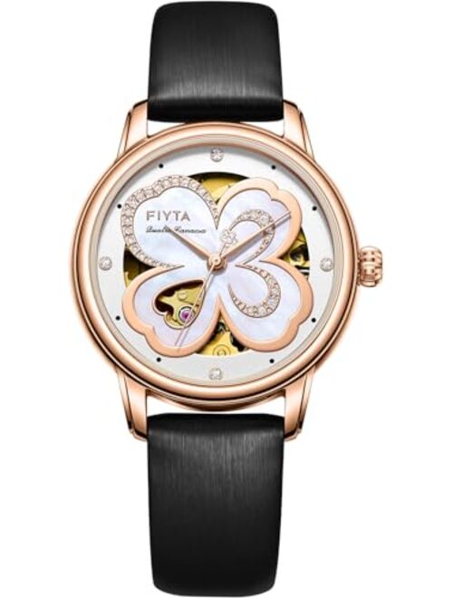 FIYTA Ladies' Classic Diamond Automatic Watch, 3-Hand, Leather Band, Women's Watch with Mother-of-Pearl and Skeleton Dial