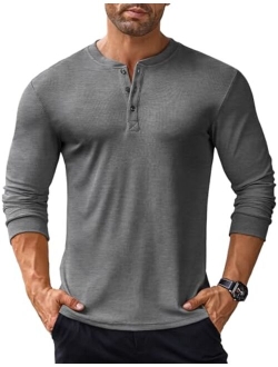 Men's Long Sleeve Henley Shirts Stretch Ribbed T-Shirts Fashion Casual Basic Tops