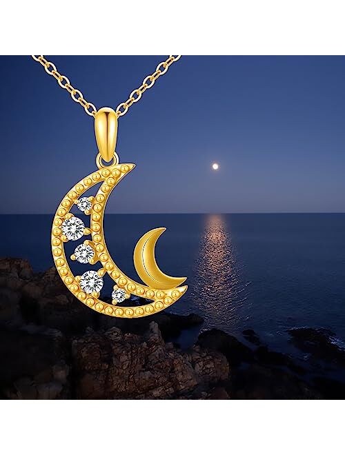SISGEM Real Gold Moon Necklace for Women Girls,14K Yellow Gold Crescent Moon Pendant Necklace Celestial Fine Jewelry Gifts for Birthday Christmas 16+1+1 inch