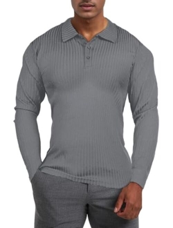 Mens Long Sleeve Polo Shirts with Collar Slim Fit Muscle Fitted Polo for Men Ribbed