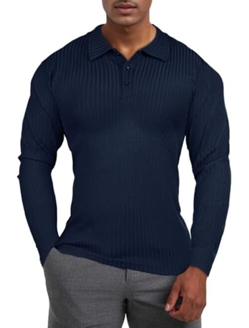 GINGTTO Mens Long Sleeve Polo Shirts with Collar Slim Fit Muscle Fitted Polo for Men Ribbed