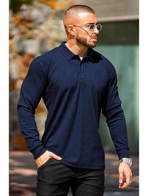 GINGTTO Mens Long Sleeve Polo Shirts with Collar Slim Fit Muscle Fitted Polo for Men Ribbed
