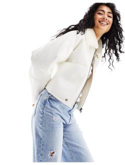 faux leather shearling detail jacket with shiny finish in white
